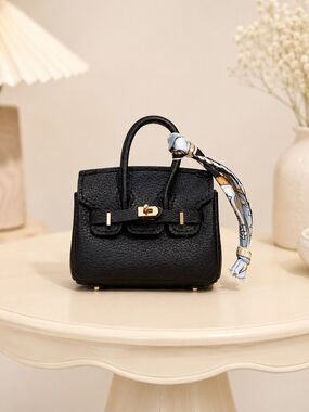Luxury Black Leather Mini Tote Bag with Scarf Accent Charm